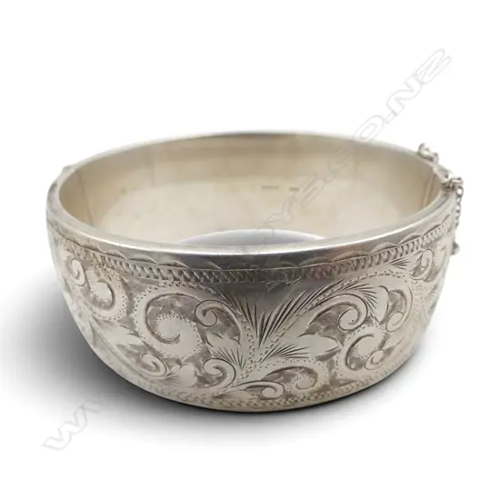 VINTAGE WIDE SILVER HALF ENGRAVED BRACELET by H & S. 42gms.