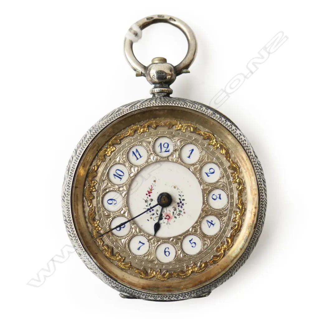SWISS 935 SILVER CASED LADIES POCKET WATCH ORNATE ENAMEL & GOLD FACE AS IS TOTAL WEIGHT 35.8GMS Image 1++