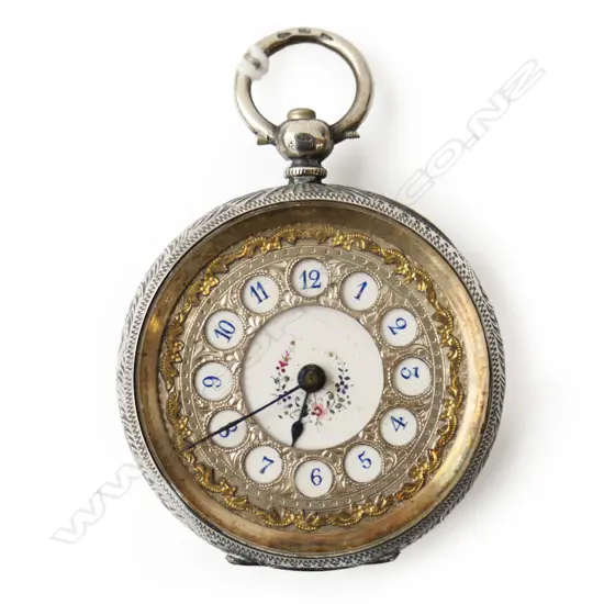 SWISS 935 SILVER CASED LADIES POCKET WATCH ORNATE ENAMEL & GOLD FACE AS IS TOTAL WEIGHT 35.8GMS