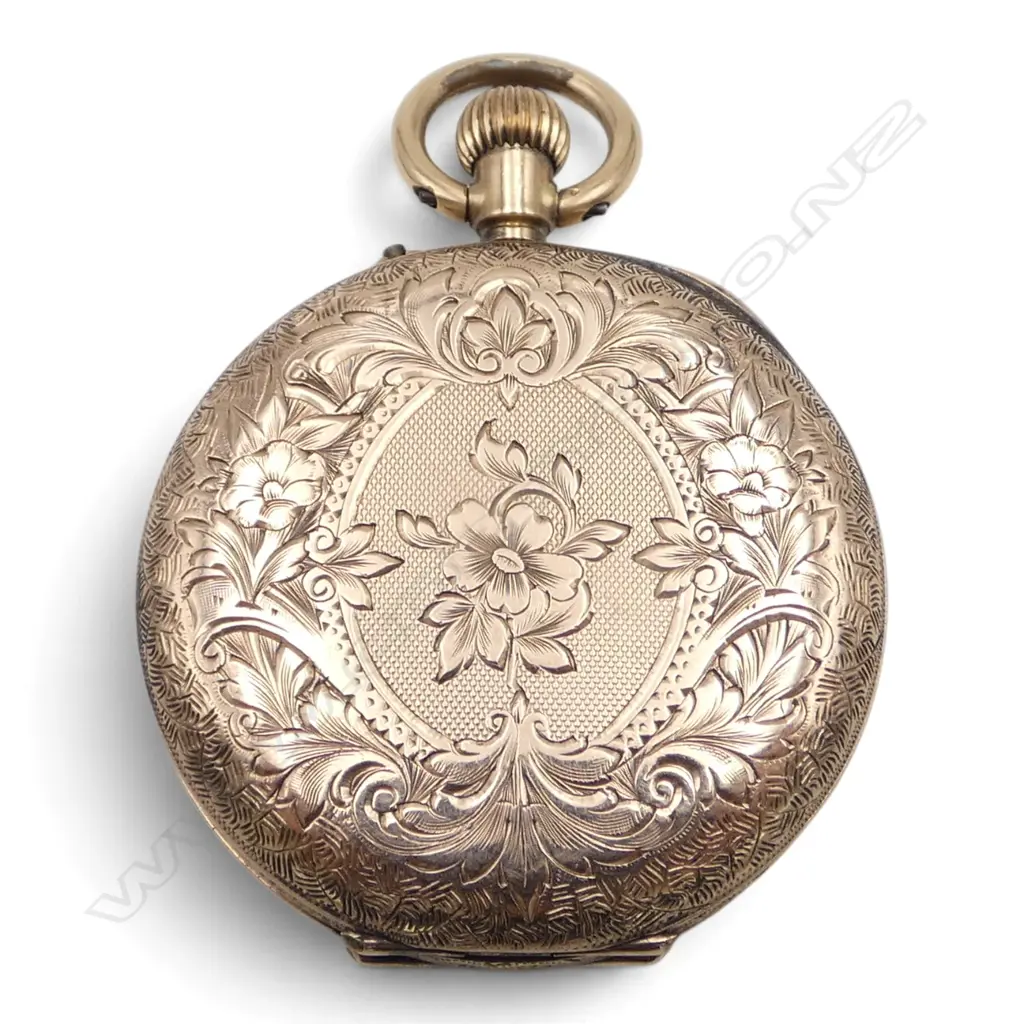 Early 20thC 9ct GOLD engraved LADIES HUNTER POCKET WATCH dust cover plated no glass. Running. 24.35gms Image 1++