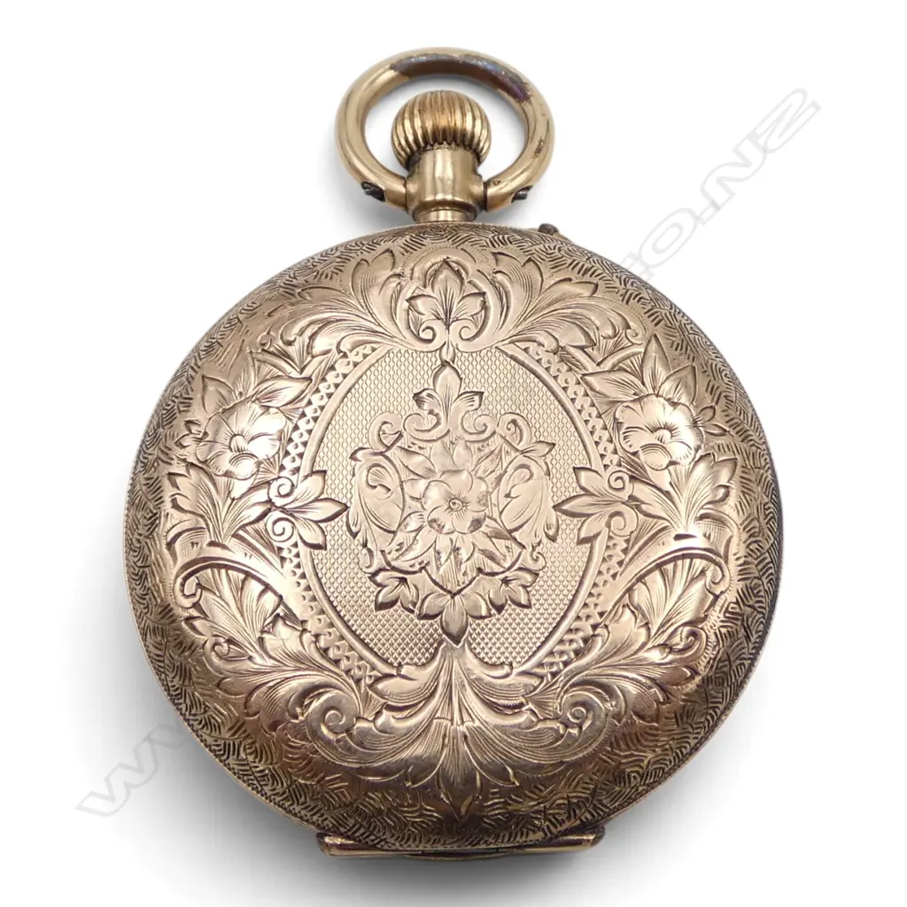 Early 20thC 9ct GOLD engraved LADIES HUNTER POCKET WATCH dust cover plated no glass. Running. 24.35gms Image 1++
