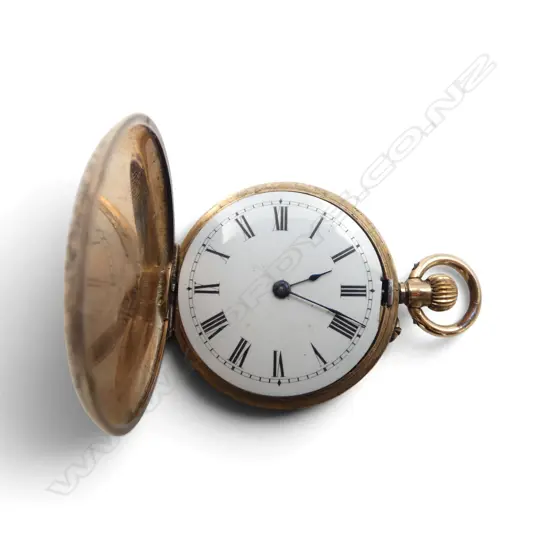 Early 20thC 9ct GOLD engraved LADIES HUNTER POCKET WATCH dust cover plated no glass. Running. 24.35gms