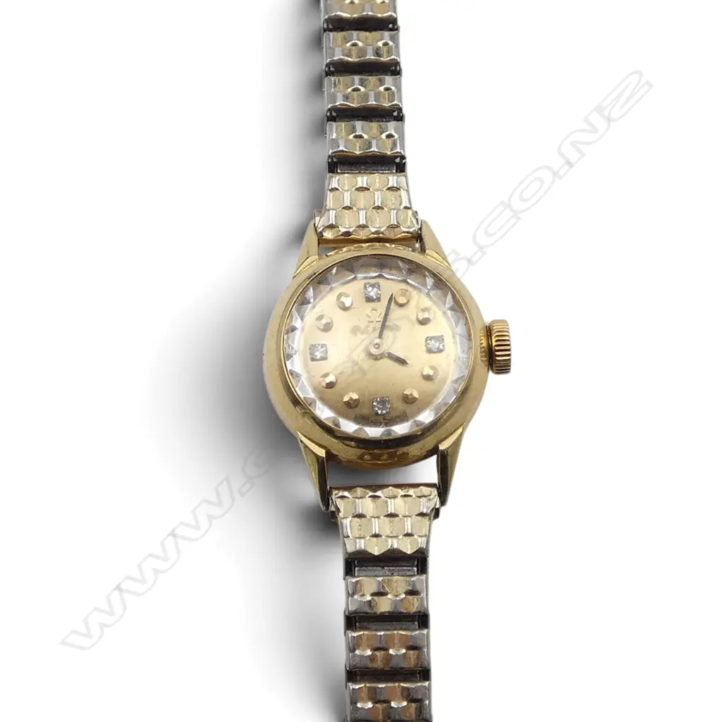 VINTAGE LADIES 9ct GOLD CASED OMEGA WRISTWATCH diamond set dial. Running. Plated strap Image 1++