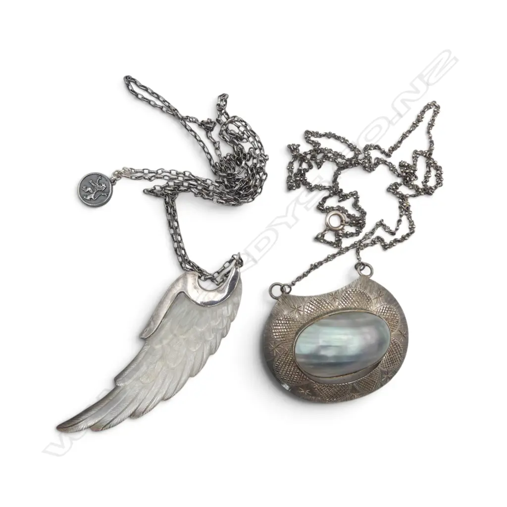 NICK von K SILVER MOP PENDANT & ANOTHER HAND CRAFTED SILVER & MOP PENDANT both on chains Image 1++