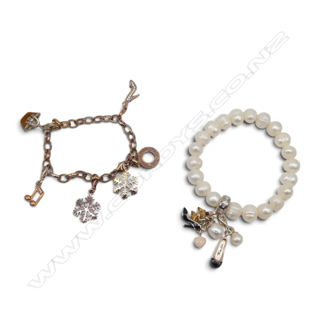 2 THOMAS SABO BRACELETS, SILVER GILT w CHARMS & FRESHWATER PEARLS w SILVER CHARMS Image 1++