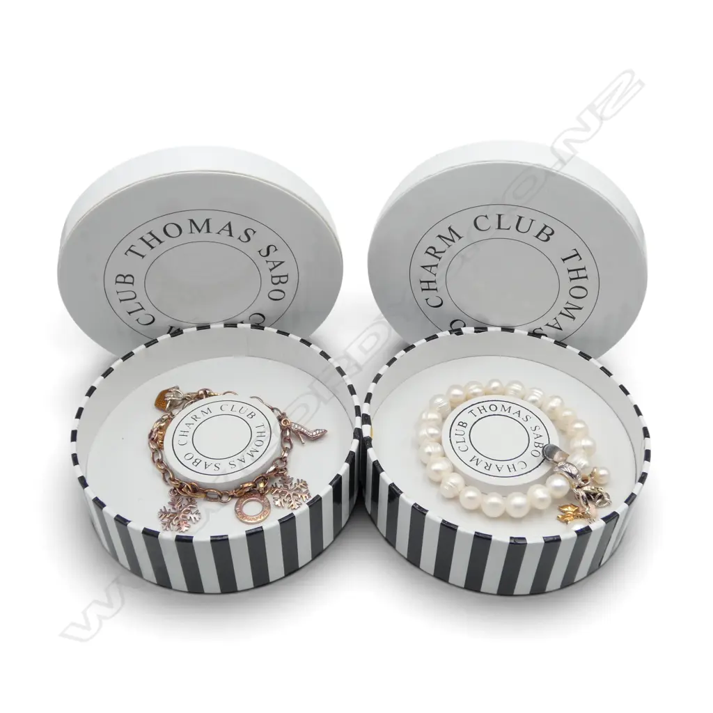 2 THOMAS SABO BRACELETS, SILVER GILT w CHARMS & FRESHWATER PEARLS w SILVER CHARMS Image 1++