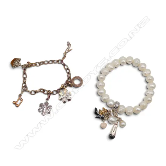 2 THOMAS SABO BRACELETS, SILVER GILT w CHARMS & FRESHWATER PEARLS w SILVER CHARMS
