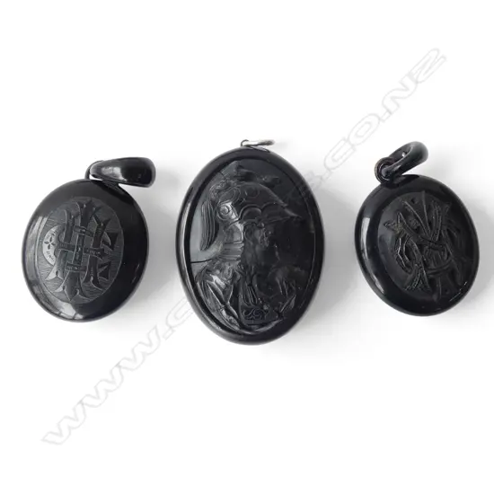 3 BLACK JET? PENDANT cameo & 2 monograms, faults  H.64mm