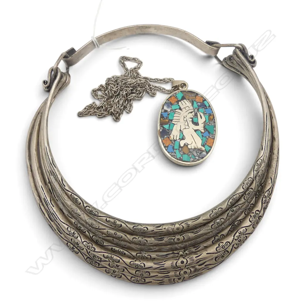 ETHNIC CHOKER & MEXICAN SILVER & MOSAIC PENDANT on CHAIN chain needs repair Image 1++