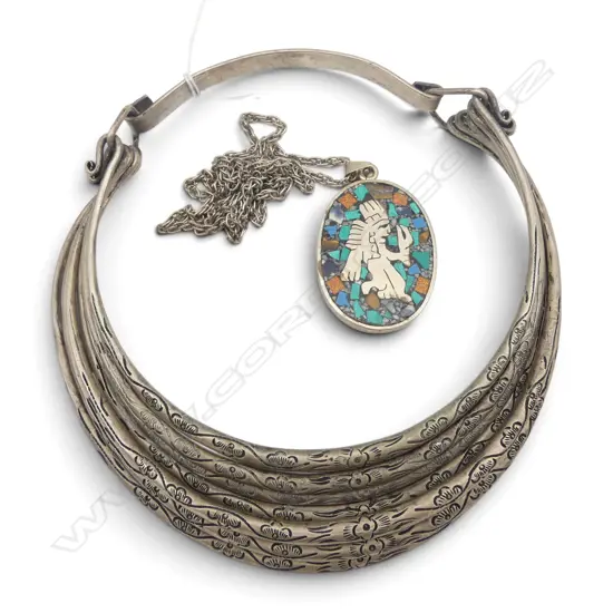 ETHNIC CHOKER & MEXICAN SILVER & MOSAIC PENDANT on CHAIN chain needs repair
