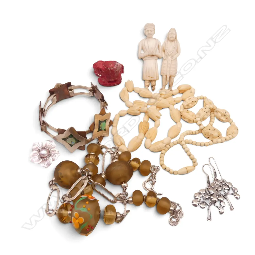 ASST. JEWELLERY etc Incl. .900 SILVER & COPPER BRACELET, CARVED BONE & IVORY NECKLACES, 2 IVORY FIGURES etc Image 1++