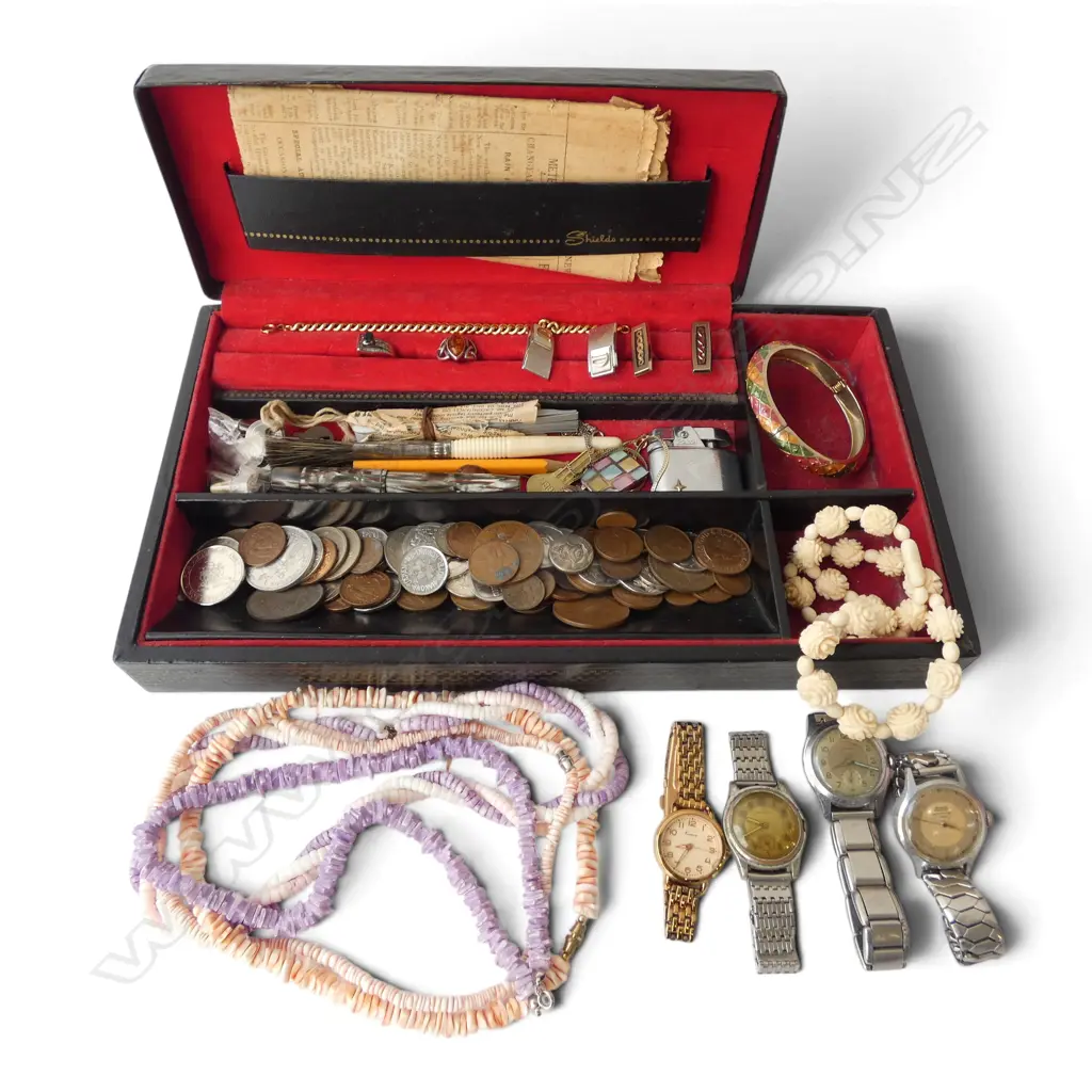 TRAY w 9CT W/GOLD SAPPHIRE/DIAMOND RING 3.6 GMS. PLUS ASST. COINS, MENS WRIST WATCHES, 1 STG SILVER RING ETC W.325mm Image 1++