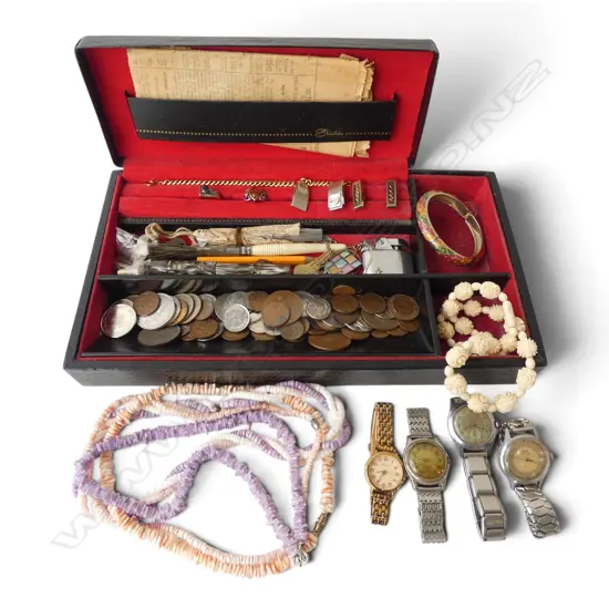 TRAY w 9CT W/GOLD SAPPHIRE/DIAMOND RING 3.6 GMS. PLUS ASST. COINS, MENS WRIST WATCHES, 1 STG SILVER RING ETC W.325mm