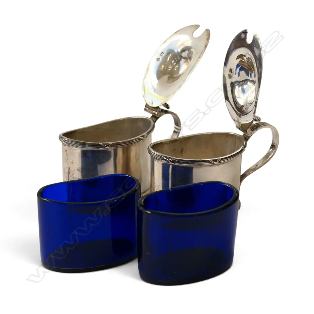 PR STG SILVER SHEFFIELD 1908 MUSTARD POTS silver weight 150gms with blue glass liners Image 1++