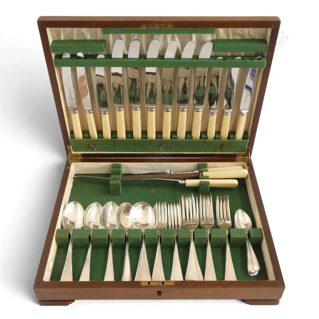 CANTEEN OF SILVER PLATE CUTLERY, SOME w. CASEIN HANDLES W.385mm Image 1++