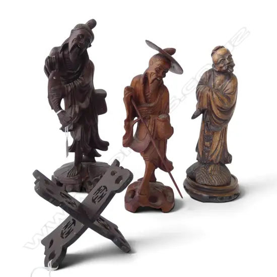 3  VINTAGE CARVED WOODEN CHINESE FIGURES, 1 ON STAND H.370mm + OTHER STAND