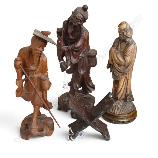 3  VINTAGE CARVED WOODEN CHINESE FIGURES, 1 ON STAND H.370mm + OTHER STAND