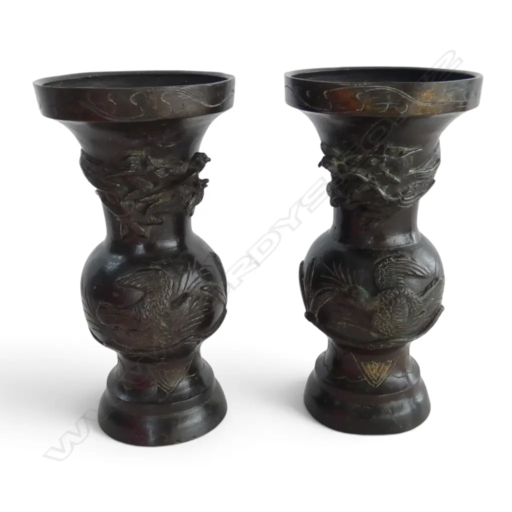 PR 19thC JAPANESE BRONZE BALUSTER VASES with dragons H.173mm. minor faults Image 1++