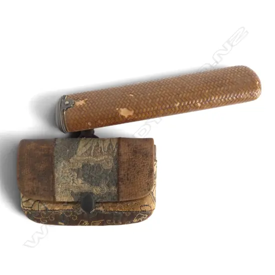 c.1900 Japanese Meiji woven cane covered pipe holder (small losses) & connected embroided pattern fabric tabaco pouch