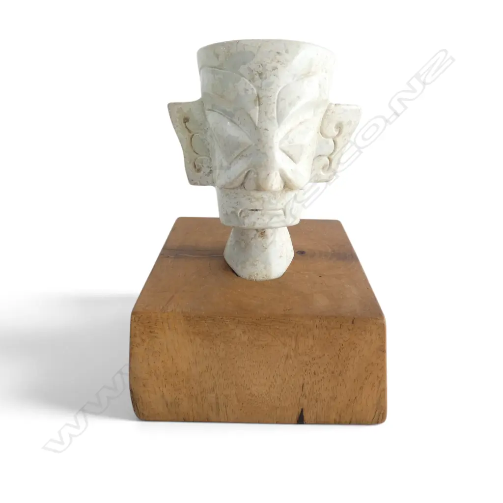 CHNESE CARVED FACE on wooden stand H.180mm Image 1++