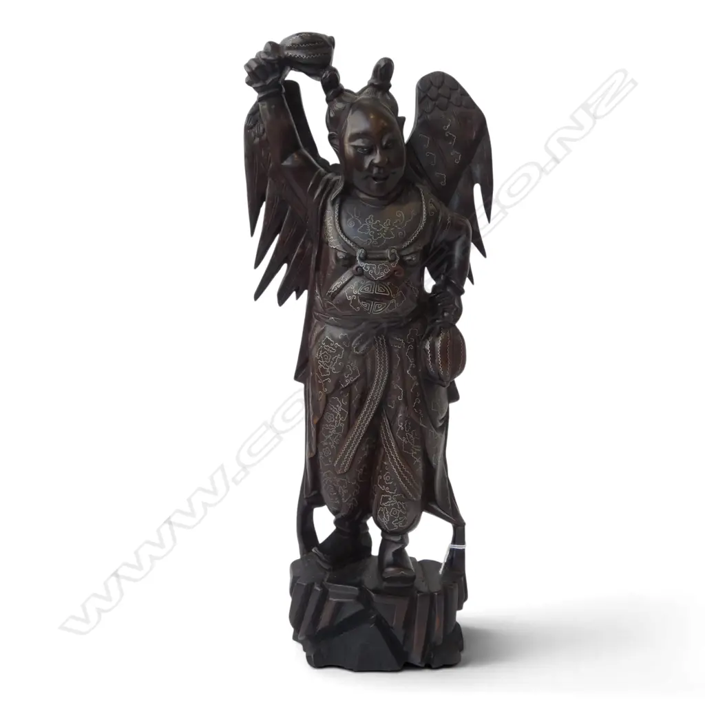 CARVED WOODEN CHINESE FIGURE w. METAL INLAY H.435mm Image 1++