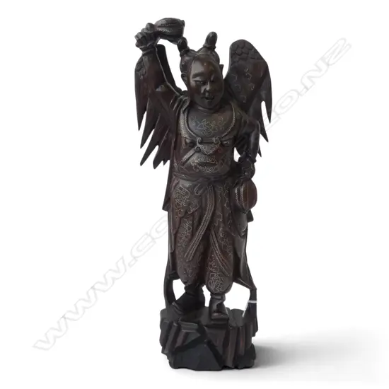 CARVED WOODEN CHINESE FIGURE w. METAL INLAY H.435mm