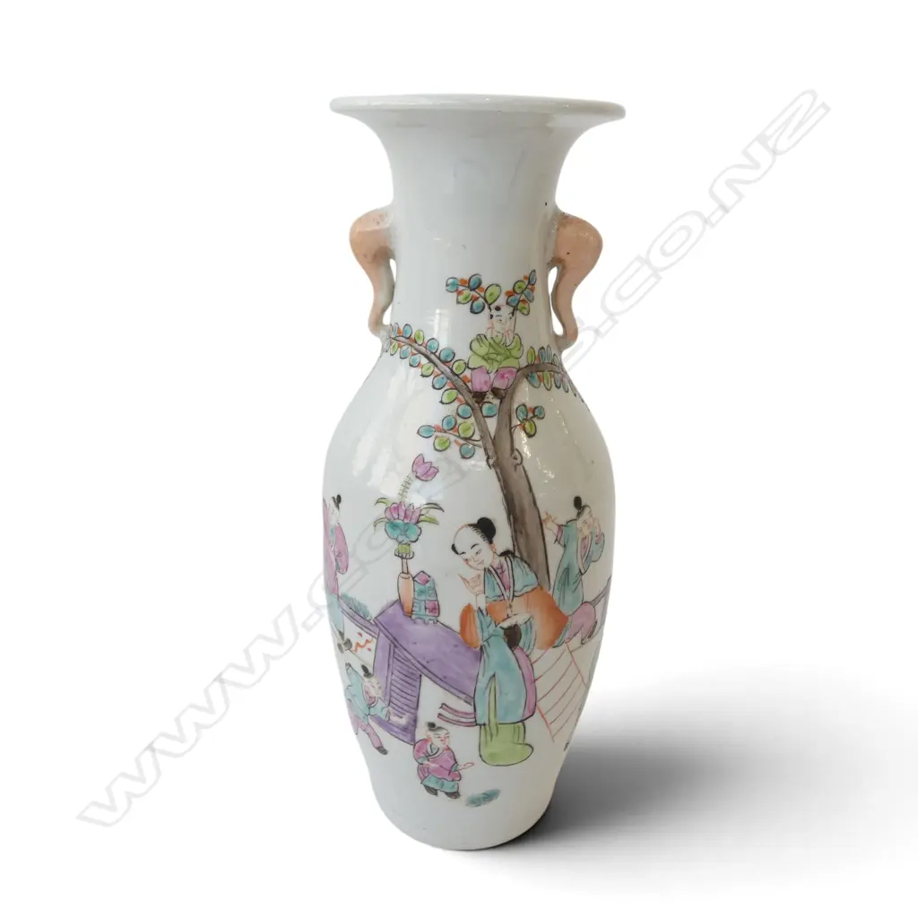 Chinese famille rose vase. Elephant head handles. With scenes of a Mother Teaching Her Sons. H.250mm Image 1++