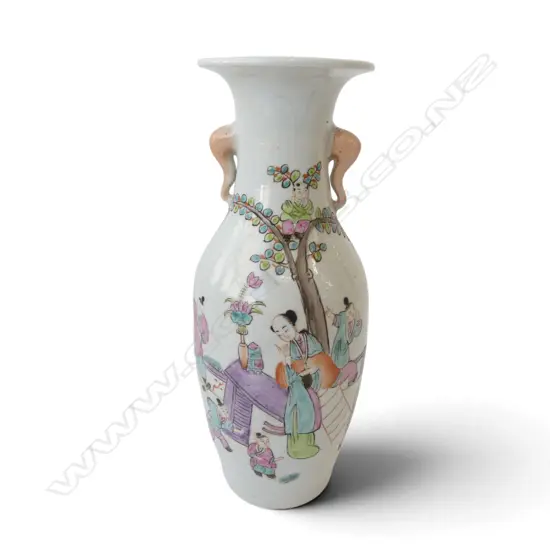 Chinese famille rose vase. Elephant head handles. With scenes of a Mother Teaching Her Sons. H.250mm