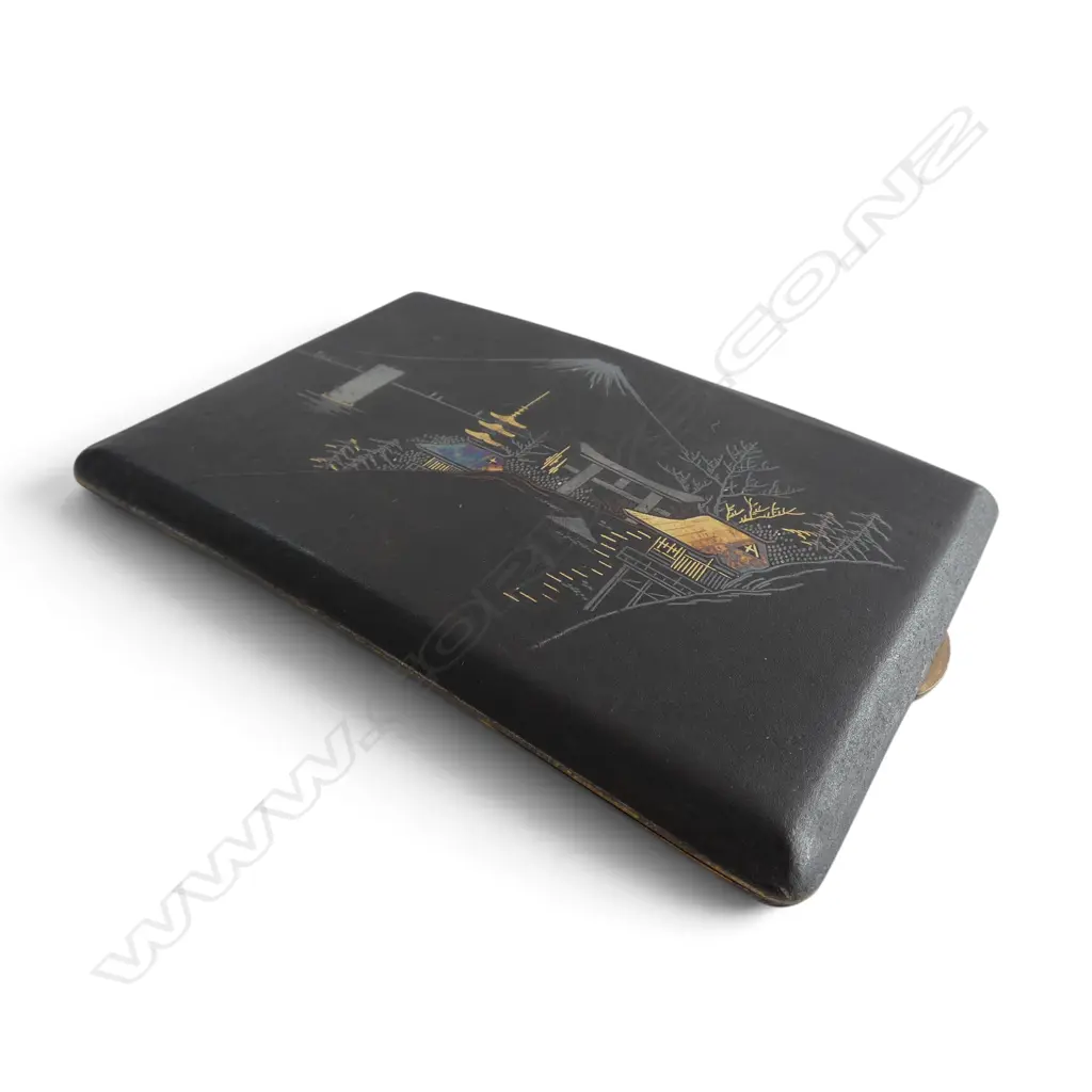 1930S JAPANESE DAMASCENE CIGARETTE CASE WITH MT FUJI DESIGN SIGNED ON BACK L125MM Image 1++