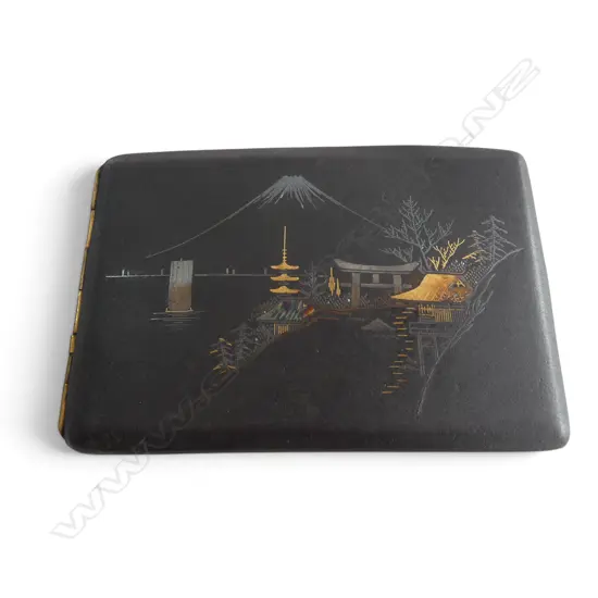 1930S JAPANESE DAMASCENE CIGARETTE CASE WITH MT FUJI DESIGN SIGNED ON BACK L125MM