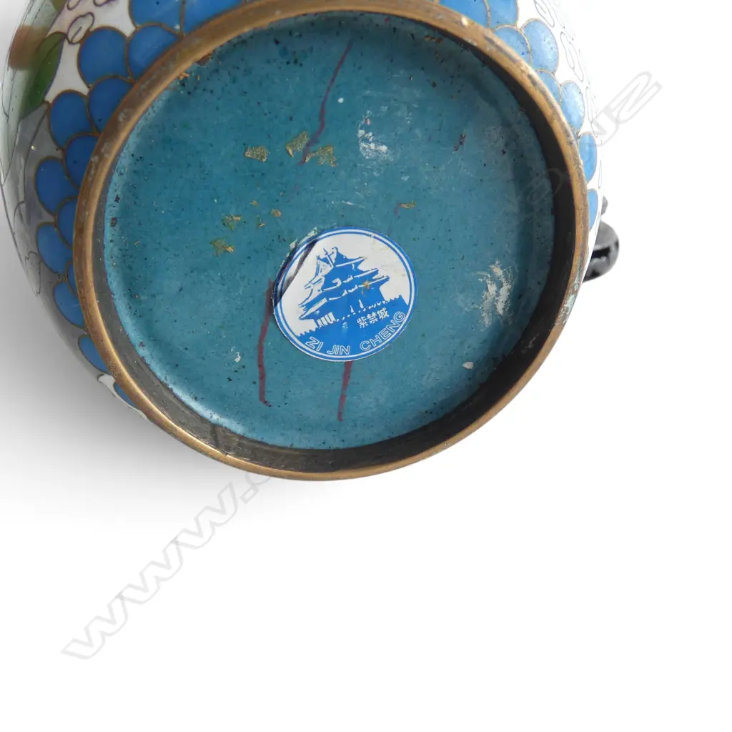 CHINESE LIDDED CLOISONE JAR ON WOOD BASE H270MM Image 1++