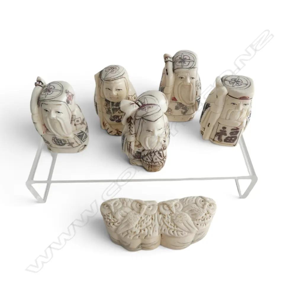 5 CARVED BONE NETSUKE H50MM & CARVED BONE LIDDED BOX L80MM Image 1++