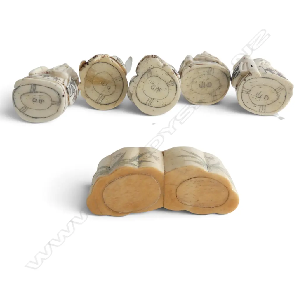 5 CARVED BONE NETSUKE H50MM & CARVED BONE LIDDED BOX L80MM Image 1++