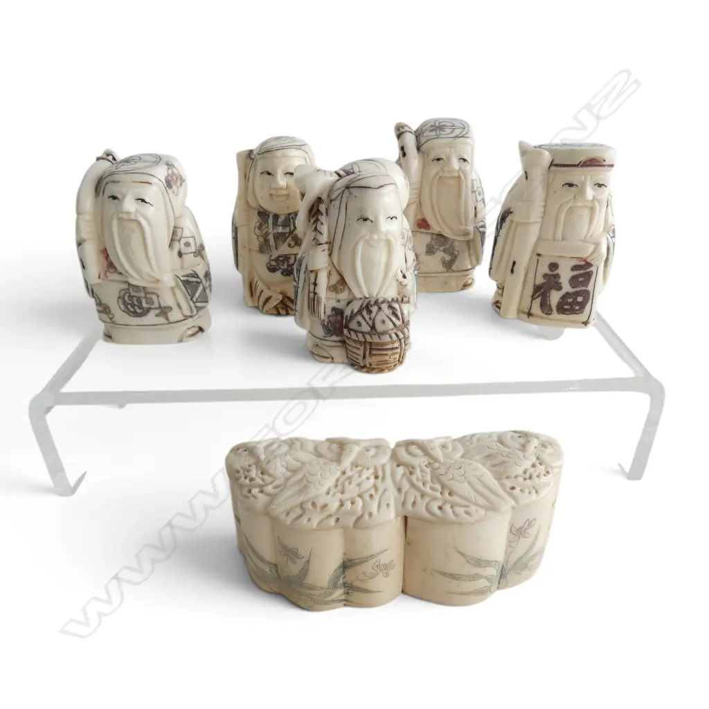 5 CARVED BONE NETSUKE H50MM & CARVED BONE LIDDED BOX L80MM Image 1++