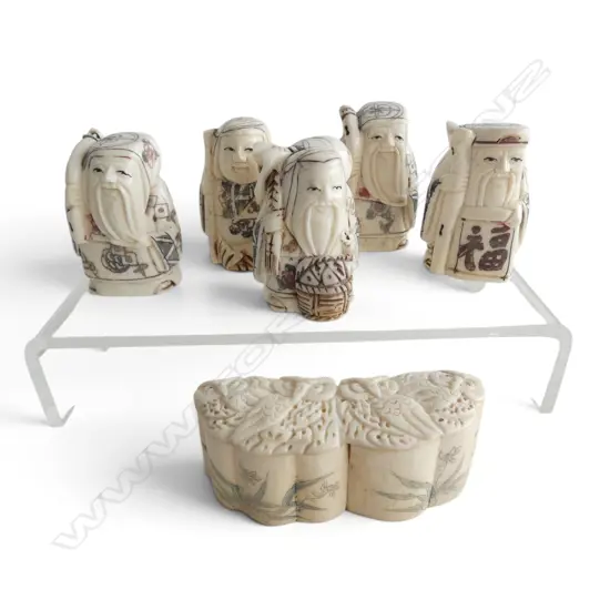 5 CARVED BONE NETSUKE H50MM & CARVED BONE LIDDED BOX L80MM