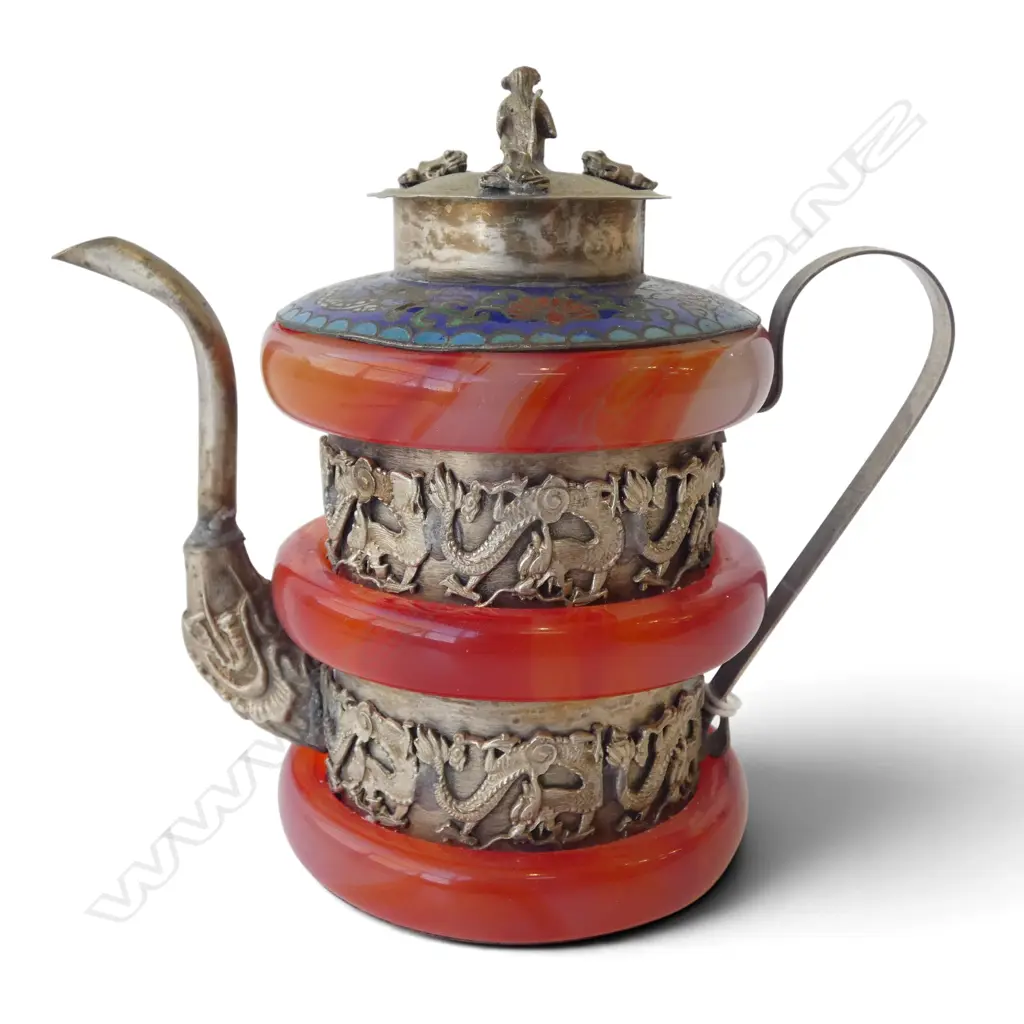 TIBETAN SILVER DRAGON MONKEY TEAPOT, CLOISONNE & AGATE DETAIL, H.120mm Image 1++