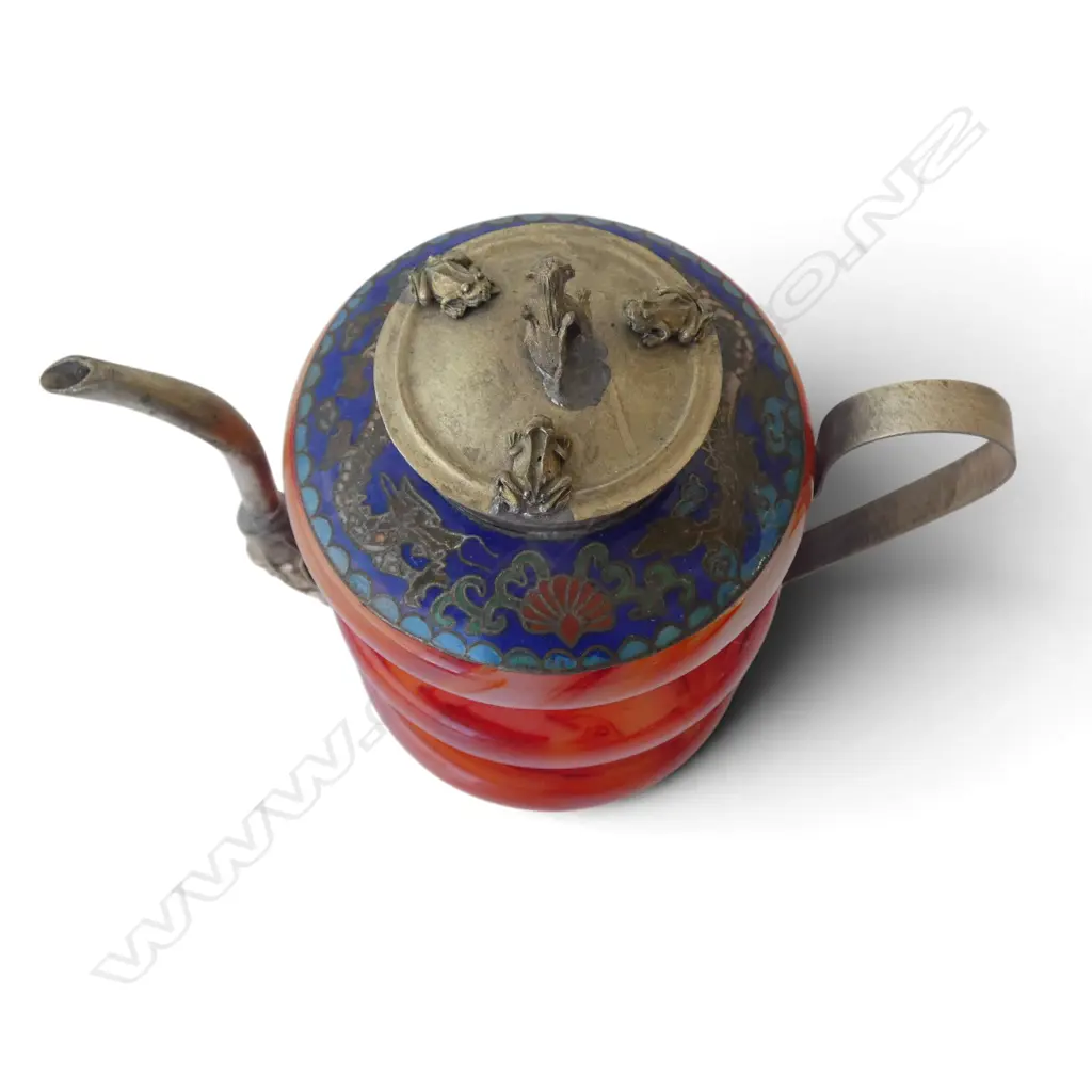 TIBETAN SILVER DRAGON MONKEY TEAPOT, CLOISONNE & AGATE DETAIL, H.120mm Image 1++