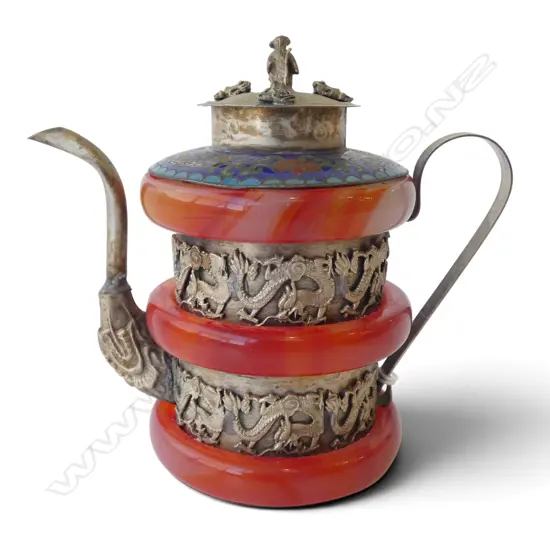 TIBETAN SILVER DRAGON MONKEY TEAPOT, CLOISONNE & AGATE DETAIL, H.120mm