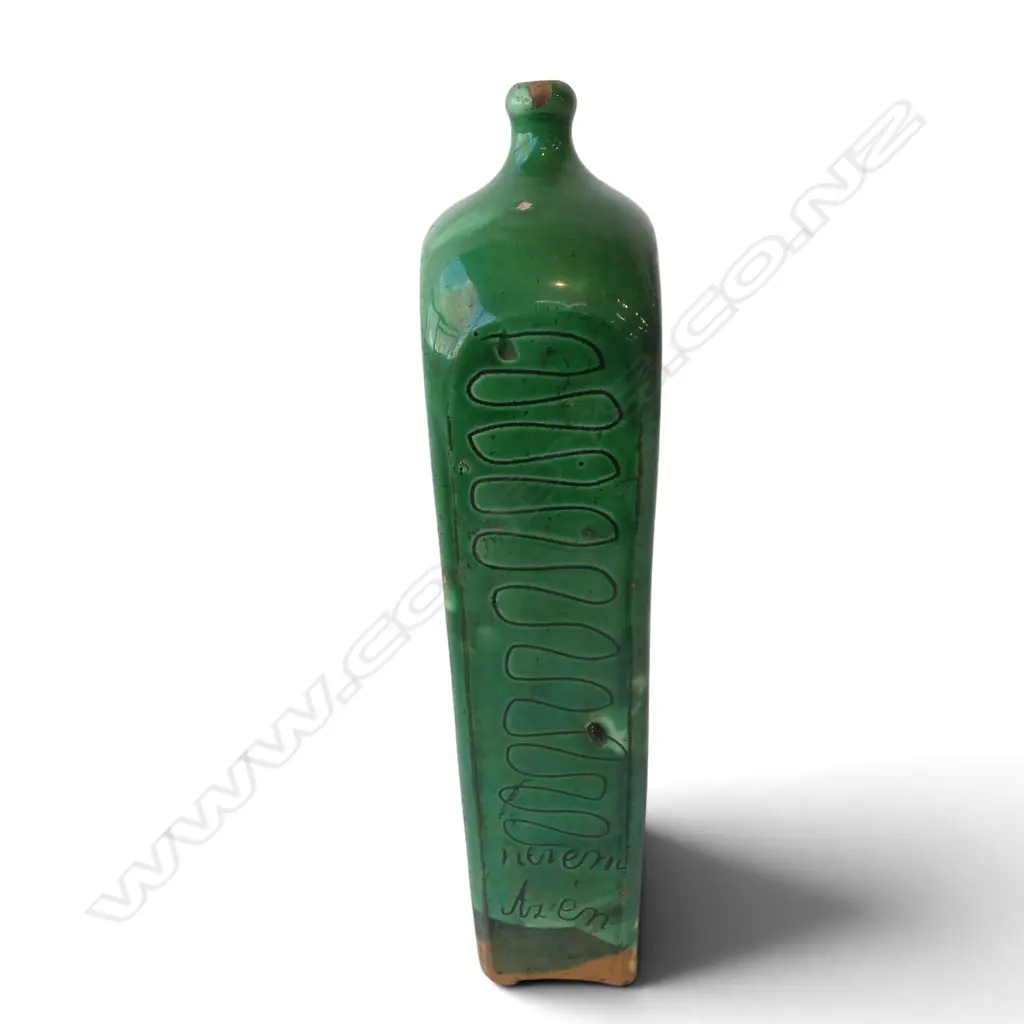 CARVED MARINE IVORY ORNAMENT of face, walrus & seal, SPLITS H.110mm + DANISH CERAMIC GREEN FLASK Image 1++
