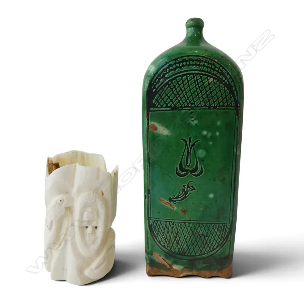 CARVED MARINE IVORY ORNAMENT of face, walrus & seal, SPLITS H.110mm + DANISH CERAMIC GREEN FLASK Image 1++