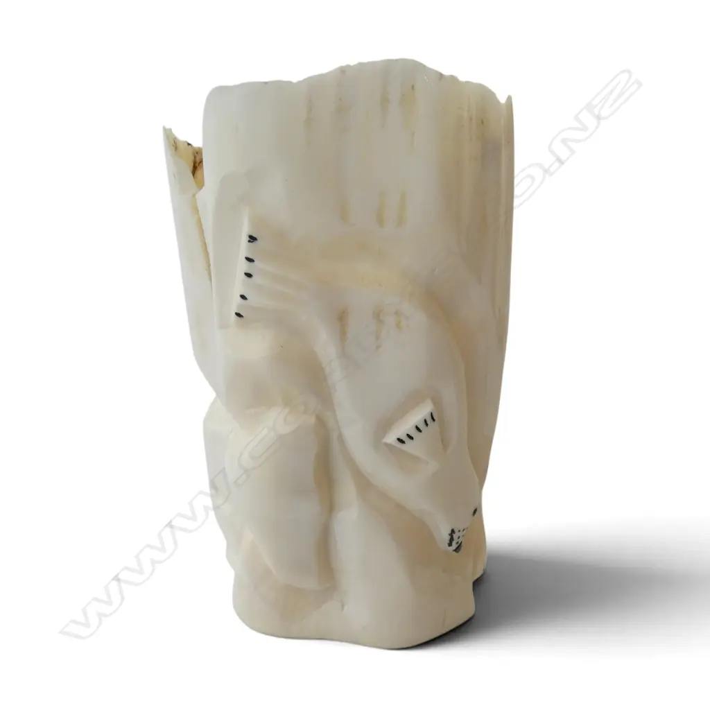 CARVED MARINE IVORY ORNAMENT of face, walrus & seal, SPLITS H.110mm + DANISH CERAMIC GREEN FLASK Image 1++