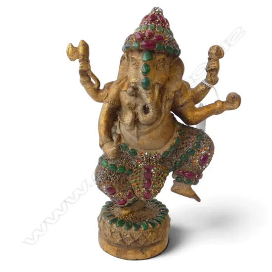 GILDED FIGURINE OF GANESH, ENCRUSTED WITH PASTE AND SEMI PRECIOUS STONES H.320mm