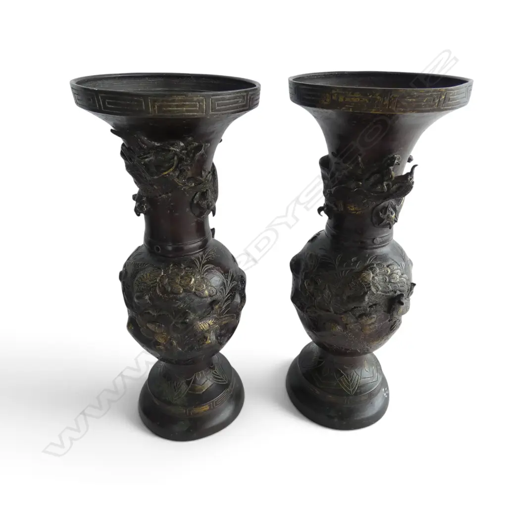 PR 19thC JAPANESE BRONZE BALUSTER VASES with dragons & birds including peacock Gilded highlights.  H.173mm. minor faults Image 1++