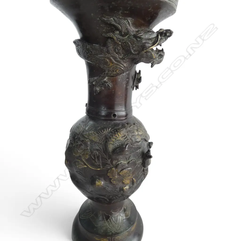 PR 19thC JAPANESE BRONZE BALUSTER VASES with dragons & birds including peacock Gilded highlights.  H.173mm. minor faults Image 1++