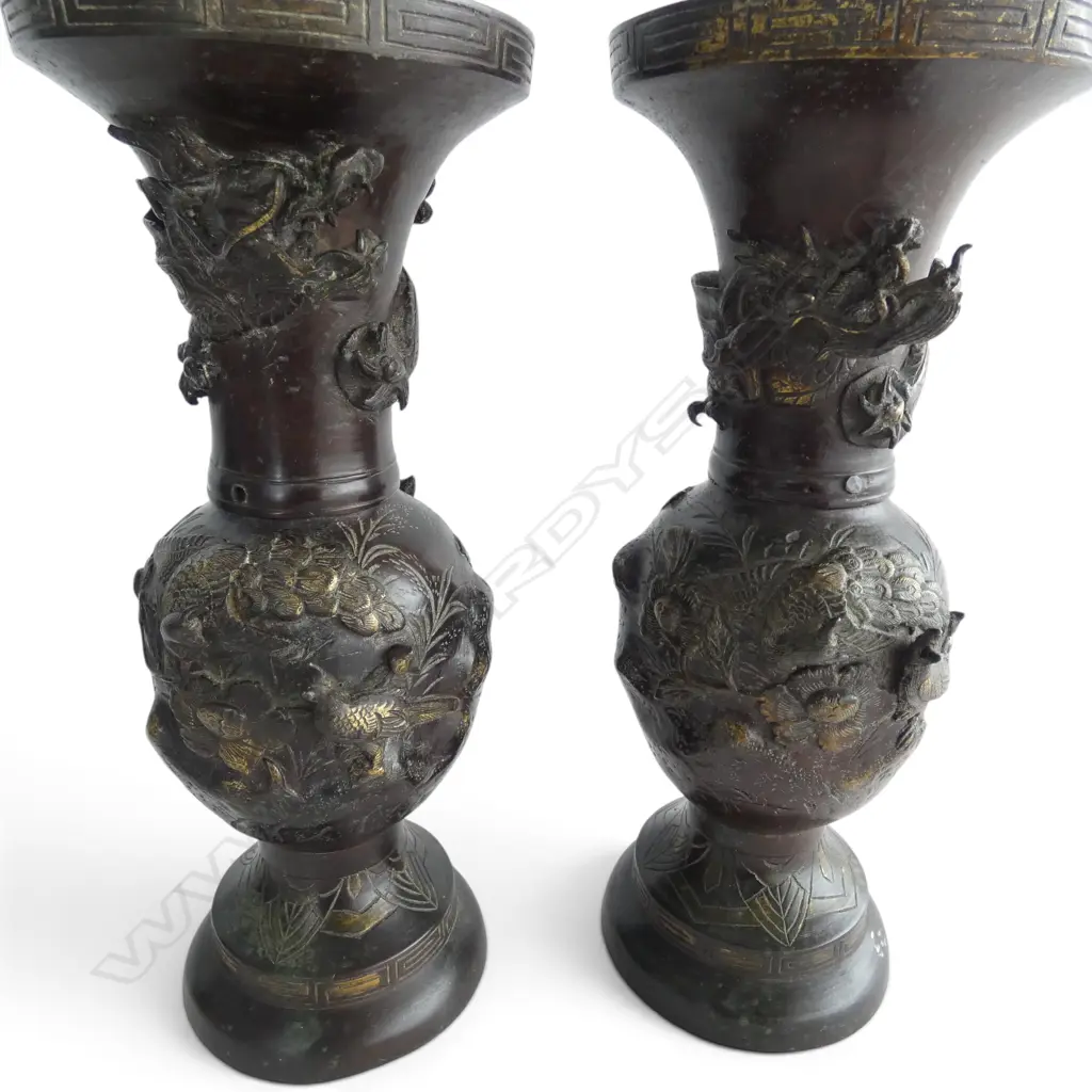 PR 19thC JAPANESE BRONZE BALUSTER VASES with dragons & birds including peacock Gilded highlights.  H.173mm. minor faults Image 1++