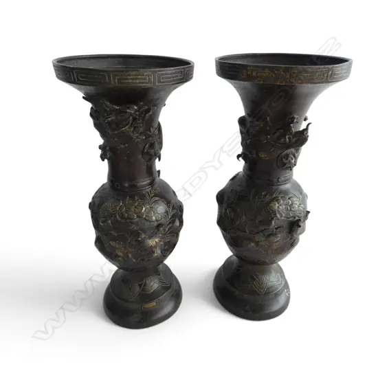 PR 19thC JAPANESE BRONZE BALUSTER VASES with dragons & birds including peacock Gilded highlights.  H.173mm. minor faults