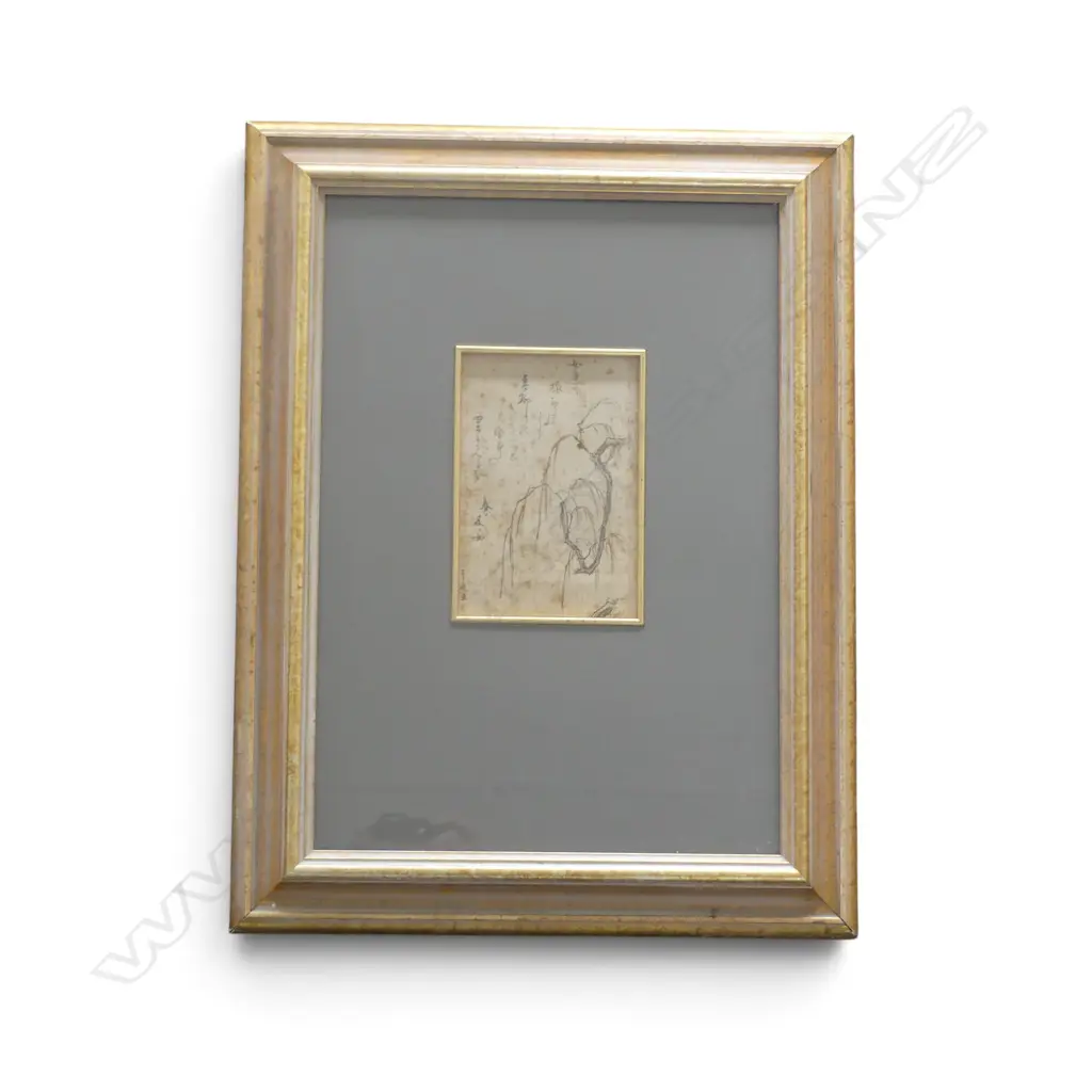 UTAGAWA TOYOHIRO (1773-1828), SIGNED FRAMED BRUSH PAINTING WEEPING WILLOW AT SEKI STATION, SOME FOXING, 175 X 110MM Image 1++