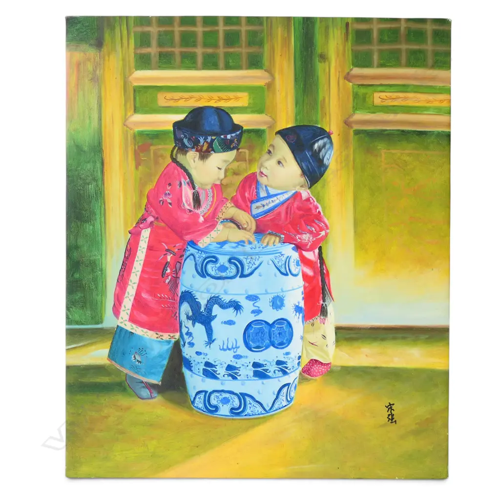 SIGNED ARTWORK, 2 CHINESE CHILDREN, ACRYLIC ON CANVAS 610x510mm Image 1++