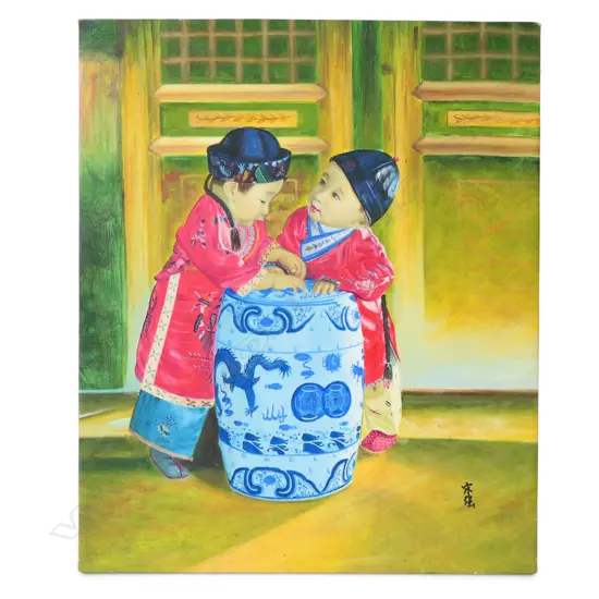 SIGNED ARTWORK, 2 CHINESE CHILDREN, ACRYLIC ON CANVAS 610x510mm