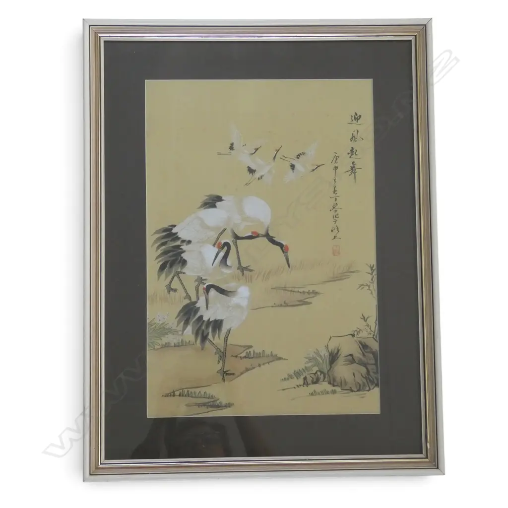 2 ORIENTAL ARTWORKS; PRINT w. 2 FIGURES, WC ON FABRIC CRANE BIRDS 440x300mm Image 1++